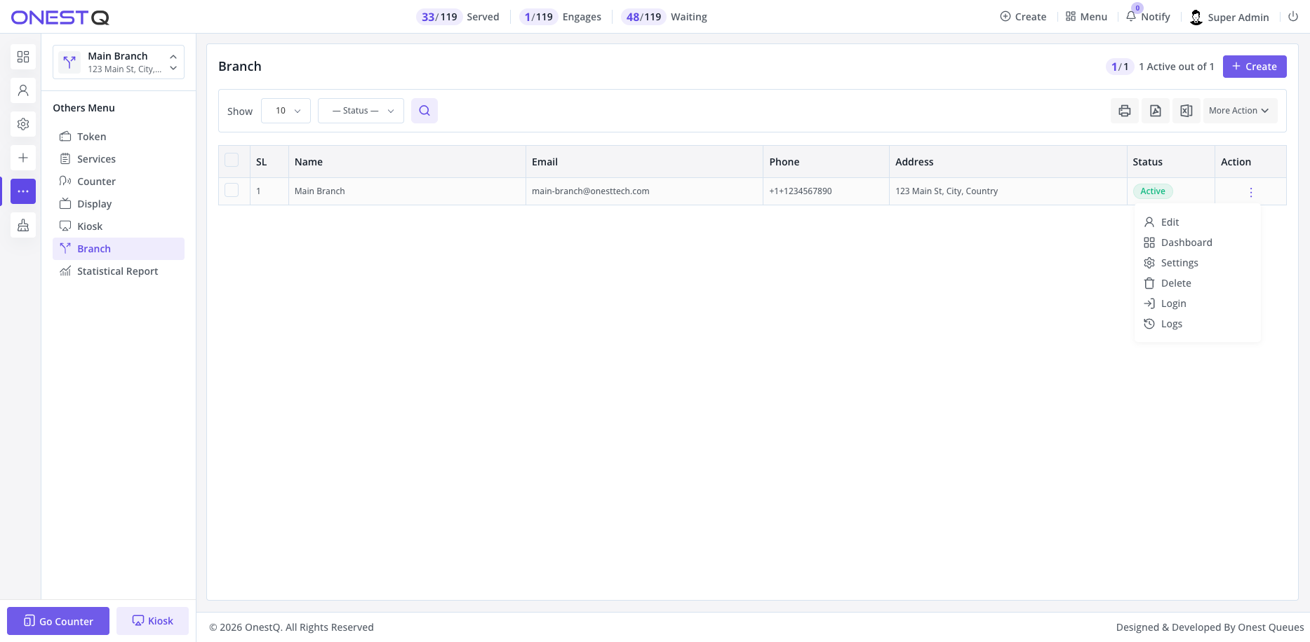 Branch action menu