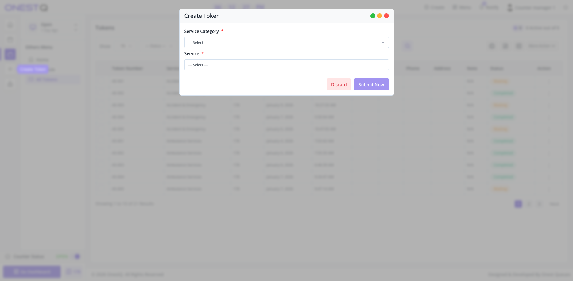Create Token modal in Counter panel