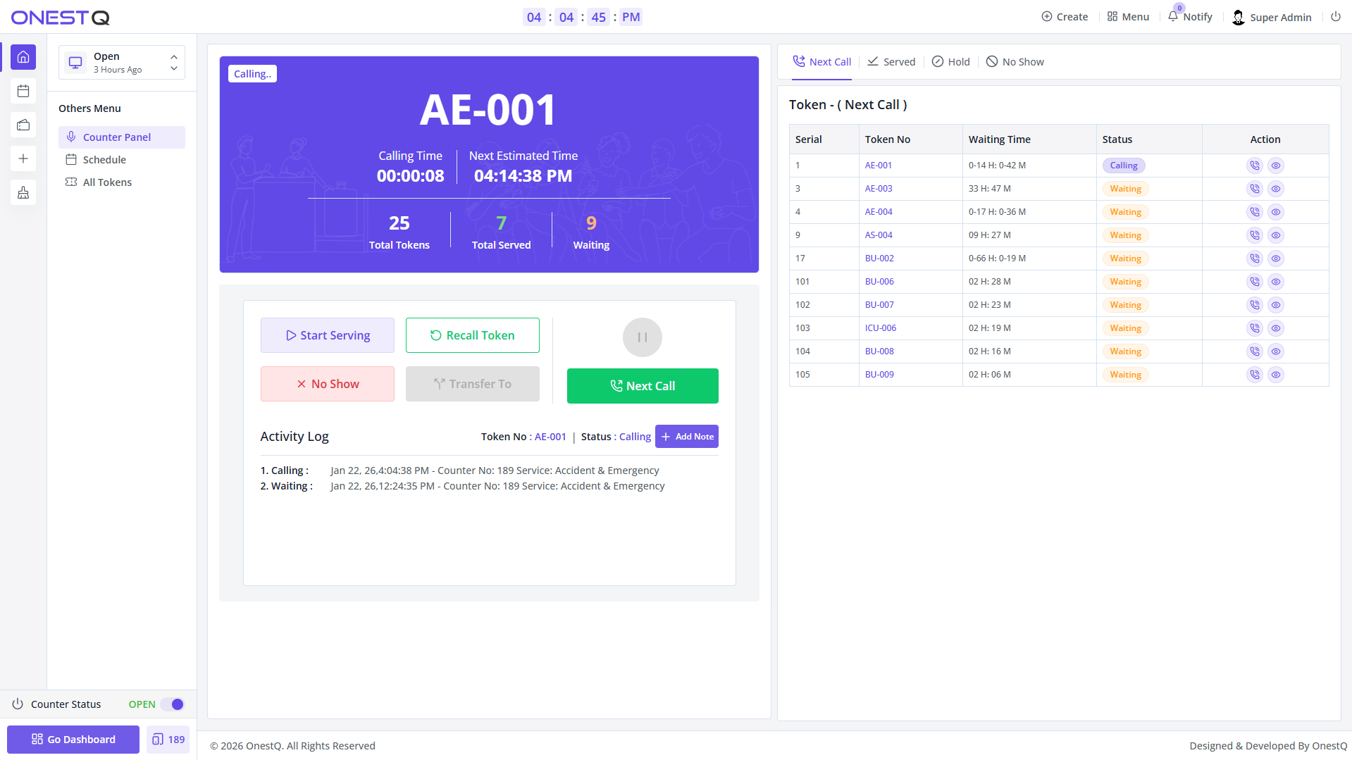Counter dashboard (no active token yet)