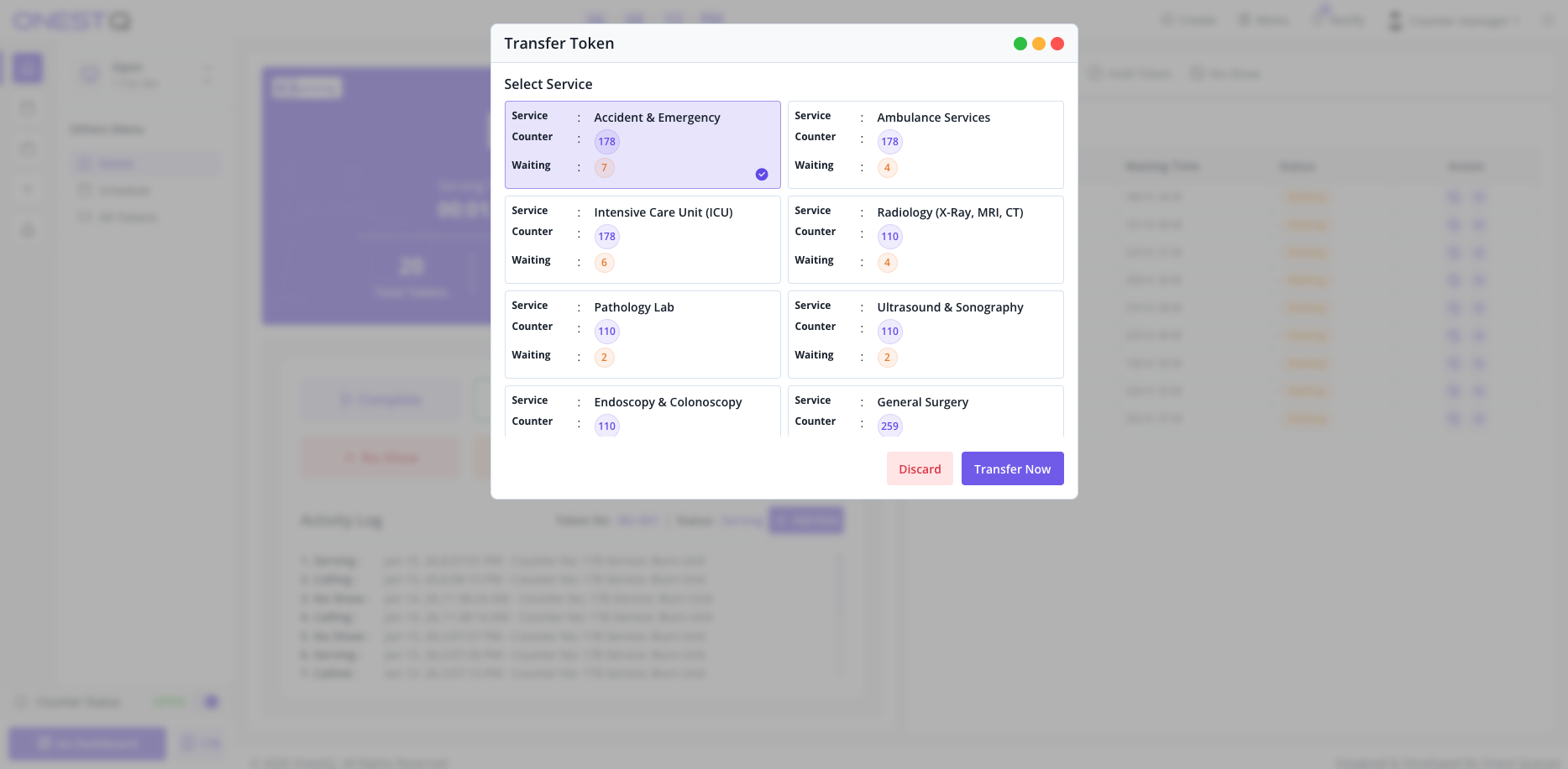 Transfer To modal from Counter panel