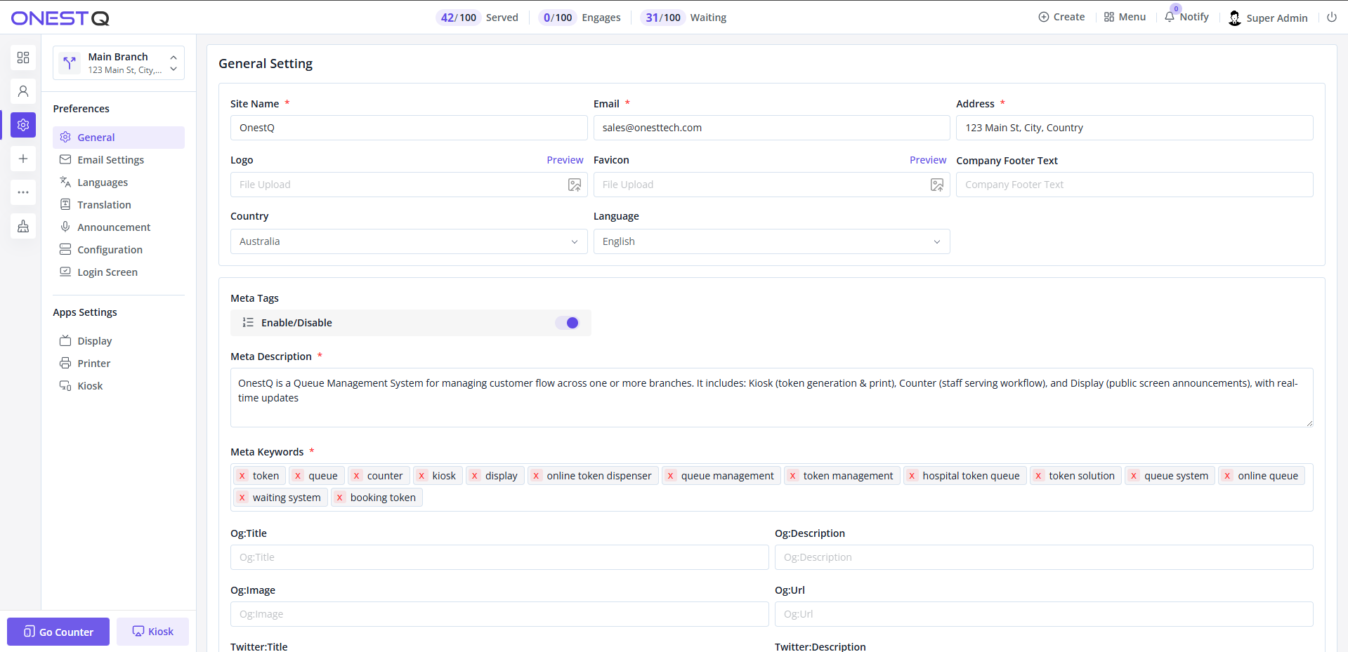 General settings screen